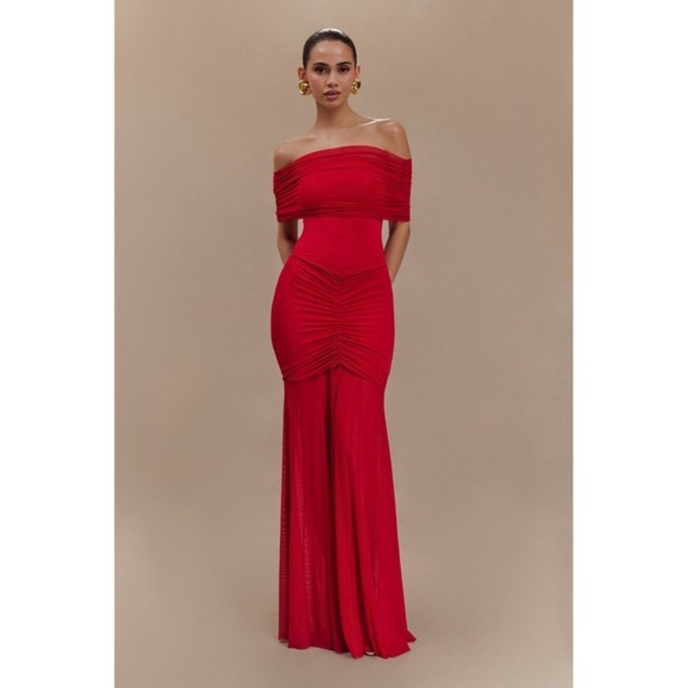 MESHKI Red Off Shoulder Ruched Mesh Maxi Dress Size XXl